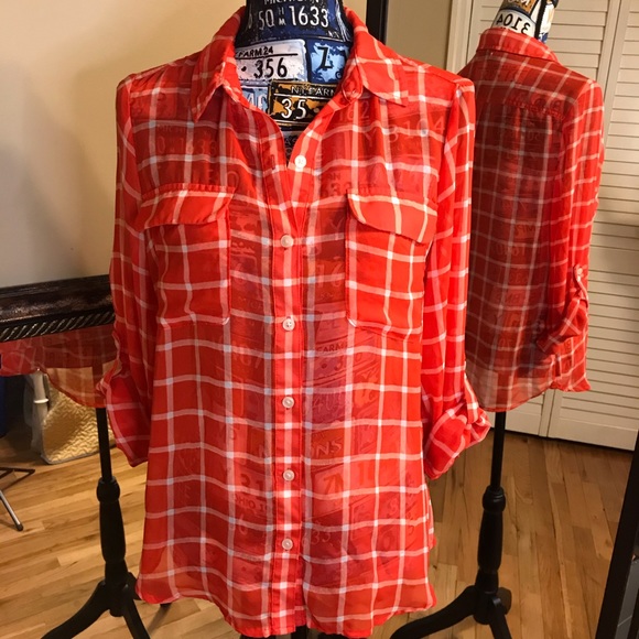 ❌Sheer Orange / White Plaid Button Up Blouse - Picture 1 of 3